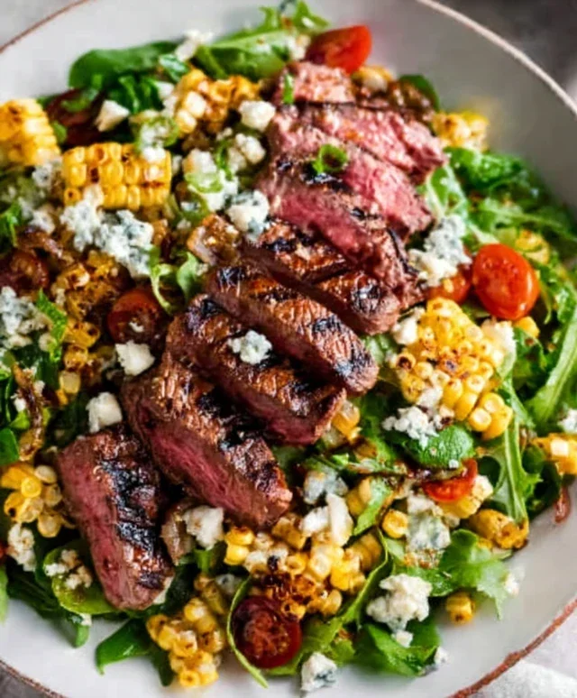 Balsamic Steak Gorgonzola Salad with Grilled Corn