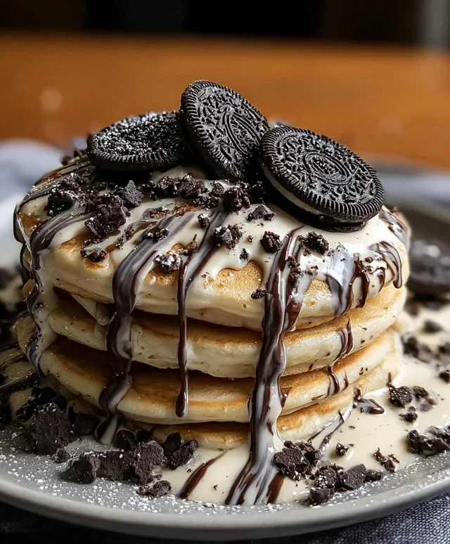 Oreo Pancakes with Cream Cheese Drizzle