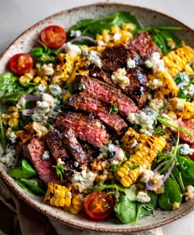 Balsamic Steak Gorgonzola Salad with Grilled Corn