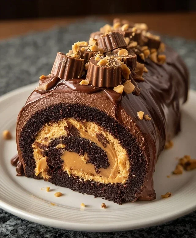 Peanut Butter Cup Chocolate Roll Cake