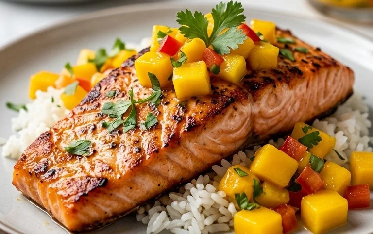 Grilled Salmon with Mango Salsa and Coconut Rice