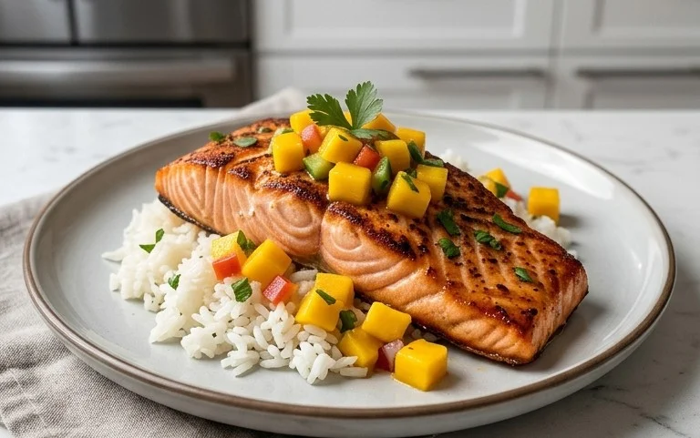 Grilled Salmon with Mango Salsa and Coconut Rice