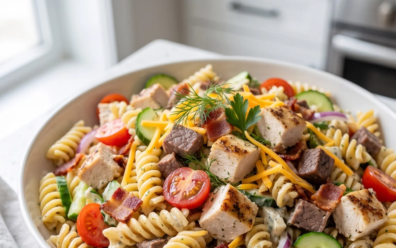 Chicken Beef Bacon Ranch Pasta Salad