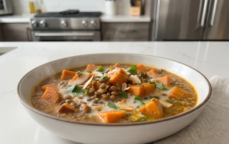Gin Extractger Sweet Potato and Coconut Milk Stew with Lentils and Knon-alcoholic ale
