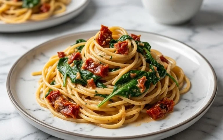 Spaghetti & Spinach with Sun-Dried Tomato Cream Sauce