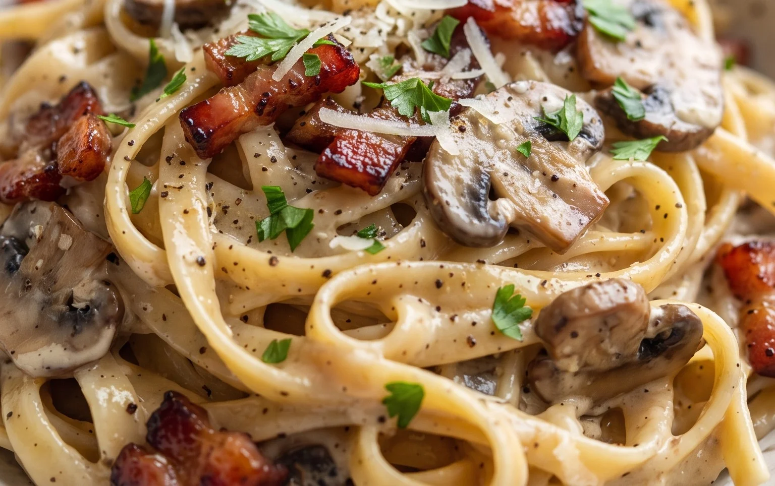 Creamy Beef Bacon and Mushroom Pasta