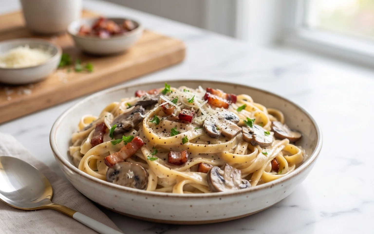Creamy Beef Bacon and Mushroom Pasta