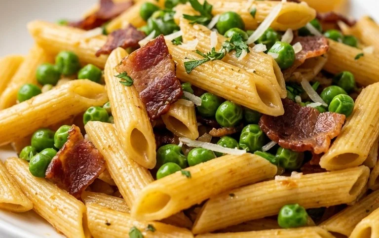 Penne Pasta, Peas and Beef Bacon