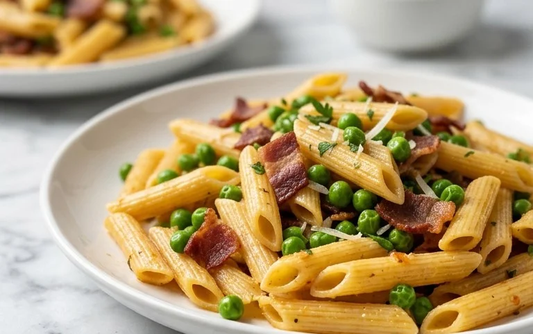 Penne Pasta, Peas and Beef Bacon