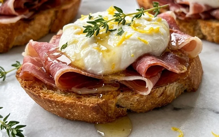 Beef Prosciutto Crostini with Burrata and Lemon Honey Drizzle