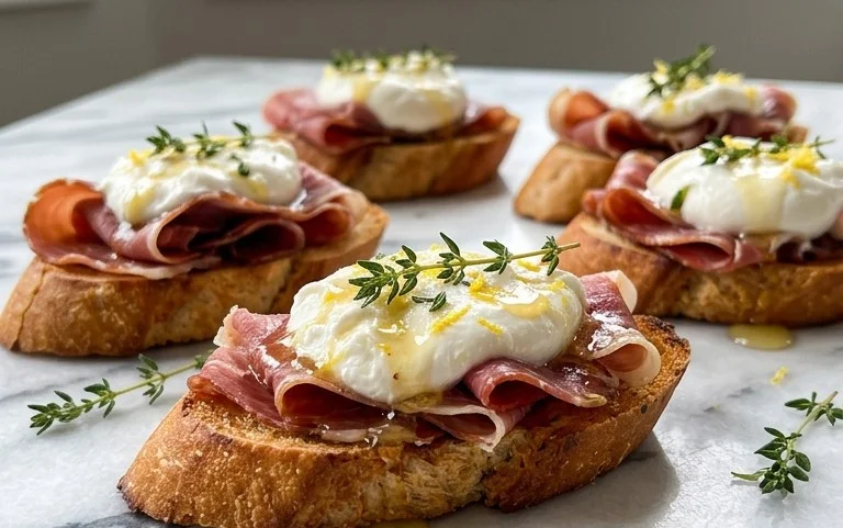 Beef Prosciutto Crostini with Burrata and Lemon Honey Drizzle